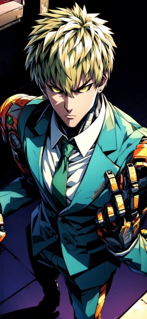 GENOS, cyborg, colored sclera, yellow sclera, suit,


(masterpiece, best quality), Athletically built young man with a penetrating gaze, framing intense, blue eyes, View from the front, dynamic angle, standing, serious, green suit, green tie, perfect hand with proper finger, BetterHands:1.2, Better_Hands, GENOS, DonMG30T00n
