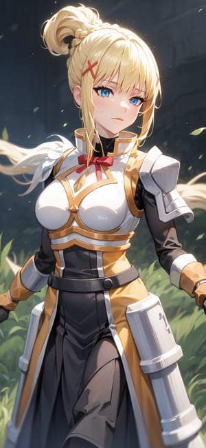 1girl, long hair, blonde hair, x hair ornament, armor, blue eyes, ponytail, hair ornament, gloves, shoulder armor, braid, black gloves, pauldrons, white boots, darkness \(konosuba\), large breasts, nature background, 


(masterpiece, best quality), young lady, View from the front, dynamic angle, standing,  perfect hand with proper finger, BetterHands