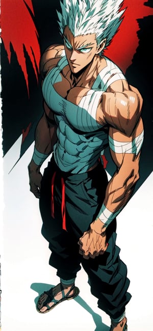 garou, ((garou, aqua eyes, short hair, white hair, spiked hair, huge muscles, bandages, white sandal, feet)), full body, standing up, 


(masterpiece, best quality), young man, framing intense, blue eyes, View from the front, dynamic angle, standing, serious, perfect hand with proper finger, BetterHands:1.2, Better_Hands ,garou