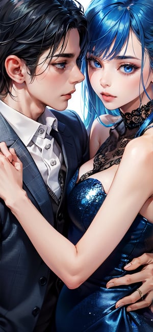 white background,

1girl, formal dress, 1boy, suit, couple, hetero, hug,

blue clothes, blue suit, blue hair, blue eyes, High detailed, Detailed face, best quality, Sexy Pose,highres