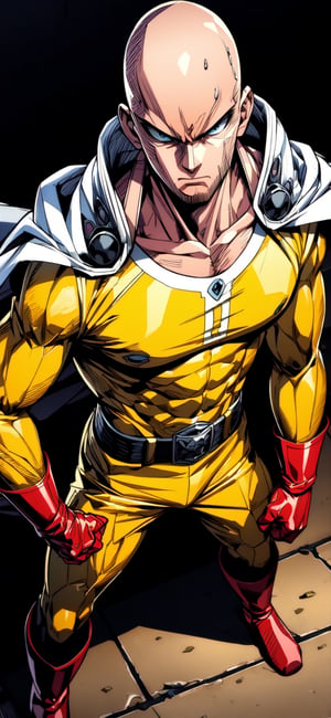 SAITAMA, yellow clothes, white cape, red boots and gloves, bald, muscular, DonMG30T00n,


(masterpiece, best quality), Athletically built young man with a penetrating gaze, framing intense, blue eyes, View from the front, dynamic angle, standing, serious