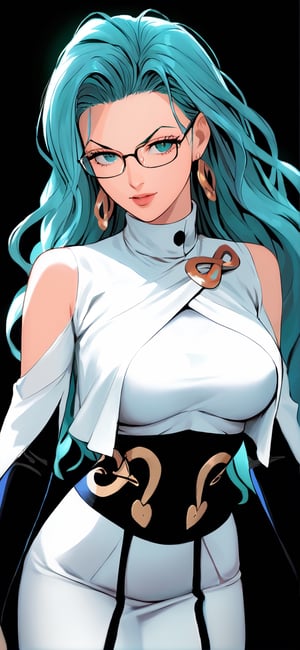 asanagi art style, simple background , perfect hands and fingers, 1 sexy and hot girl , High detailed , Detailed face, black background, highres, score_9, score_8_up, score_7_up, psykos, cyan hair, wavy hair, very long hair, glasses, earrings, white dress, brooch, underbust, long dress, bridal gauntlets,more detail XL