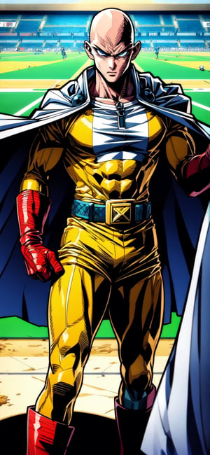 SAITAMA, yellow clothes, white cape, red boots and gloves, bald, muscular, DonMG30T00n,


(masterpiece, best quality), Athletically built young man with a penetrating gaze, framing intense, blue eyes, View from the front, dynamic angle, standing, serious