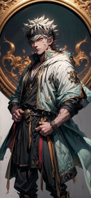 asta, green eyes, grey hair, spiked hair, headband, muscular male, upper half focus, standing up, black bull mark, black robe, (masterpiece, best quality, highres:1.3), portrait of a male wizard wearing a parka, black clothes,blad4