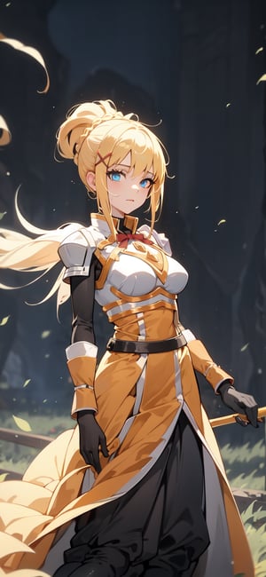 1 girl, midjourney, long hair, blonde hair, x hair ornament, armor, blue eyes, ponytail, hair ornament, gloves, shoulder armor, braid, black gloves, pauldrons, white boots, darkness \(konosuba\), large breasts, nature background, 


(masterpiece, best quality), young lady, View from the front, dynamic angle, standing,  perfect hand with proper finger, BetterHands