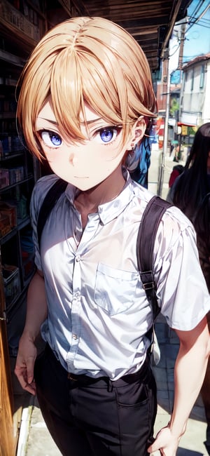 A masterpiece of a photograph captures Shirogane Miyuki, a young man with striking blonde hair and piercing blue eyes, dressed in his school uniform's gakuran pants. Framed intensely from the front, the dynamic angle showcases Miyuki standing upright, exuding seriousness as he holds his hands perfectly, fingers properly placed. The blue of his eyes seems to pierce through the image, drawing the viewer's attention to this moment of composure and confidence,perfecteyes eyes