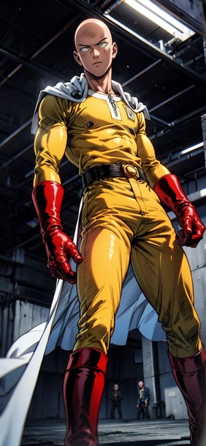 SAITAMA, yellow clothes, white cape, red boots and gloves, bald,


(masterpiece, best quality), Athletically built young man with a penetrating gaze, framing intense, blue eyes, View from the front, dynamic angle, standing, serious, green suit, green tie, perfect hand with proper finger, BetterHands:1.2, Better_Hands ,SAITAMA