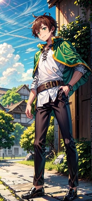 Satou Kazuma, brown hair, green eyes, male, nature background, full body,  


(masterpiece, best quality), young man, View from the front, dynamic angle, standing,  perfect hand with proper finger, BetterHands ,anime