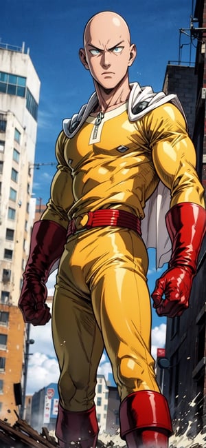 SAITAMA, yellow clothes, white cape, red boots and gloves, bald,


(masterpiece, best quality), Athletically built young man with a penetrating gaze, framing intense, blue eyes, View from the front, dynamic angle, standing, serious, green suit, green tie, perfect hand with proper finger, BetterHands:1.2, Better_Hands ,SAITAMA