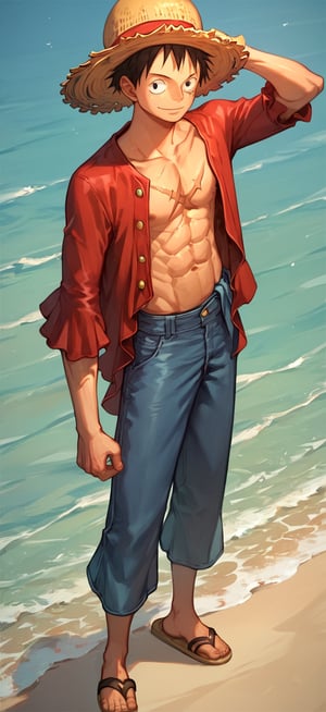 score_9_up, score_8_up, score_7_up, score_6_up,  High quality, 1 boy, luffy, straw hat, abs, scar on chest, red shirt, open clothes, open shirt, short hair, sandals , sea background, full body, (masterpiece, best quality), young man, View from the front, dynamic angle, standing, perfect hand with proper finger, BetterHands
