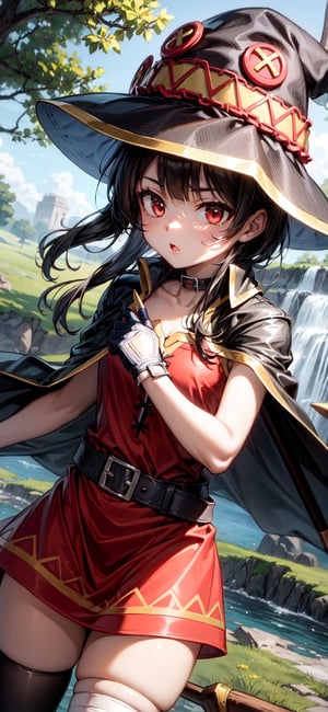 Megu-KJ, Megu hat, megu dress, megu cape, belt, collar, gloves, asymmetrical legwear, thighhighs, bandage leg, Staff , holding staff, nature background, 


(masterpiece, best quality), young man, View from the front, dynamic angle, standing,  perfect hand with proper finger, BetterHands
,megumin