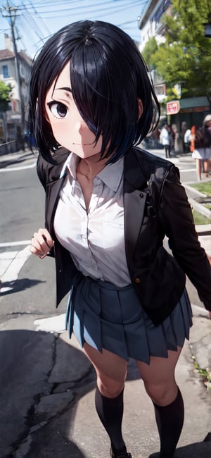 top heavy, bottom heavy,

yuu ishigami, black hair, blue hair, female focus, (hair over one eye:1.5), long hair, (black eyes:1.3), schoolgirl uniform, white shirt, open clothes, black jacket, school background, full body, standing up, 

(masterpiece, best quality), young girl, View from the front, dynamic angle, standing, serious, perfect hand with proper finger, BetterHands