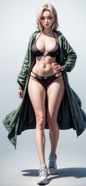 1girl, solo, long hair, breasts, looking at viewer, blush, bangs, blue eyes, large breasts, simple background, long sleeves, white background, standing, full body, grey hair, thighs, shoes, hood, black footwear, lips, bodysuit, hoodie, covered navel, thick thighs, hood down, sneakers, curvy, wide hips, tight, black hoodie, cropped hoodie, tsunade \(naruto\)