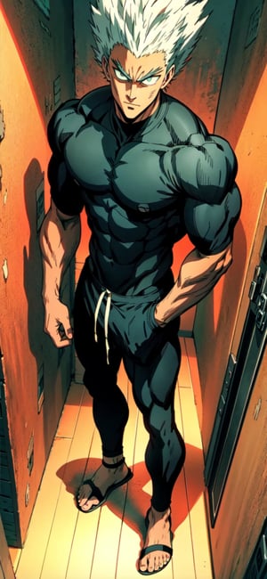 garou, ((garou, aqua eyes, short hair, white hair, spiked hair, huge muscles, leggings, white sandal, feet)), full body, standing up, 


(masterpiece, best quality), Athletically built young man with a penetrating gaze, framing intense, blue eyes, View from the front, dynamic angle, standing, serious, perfect hand with proper finger, BetterHands:1.2, Better_Hands ,garou