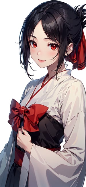 1 girl, Shinomiya Kaguya, white background, Detailed face, best quality, masterpiece, 8k , smile , Saturated colors, black hair , High detailed, kaguya shinomiya, hair ribbon, red ribbon, (red eyes:1.5), ribbon, folded ponytail,highres