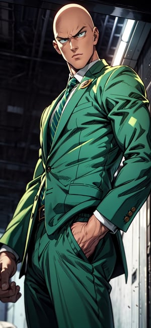 SAITAMA, suit, bald,


(masterpiece, best quality), Athletically built young man with a penetrating gaze, framing intense, blue eyes, View from the front, dynamic angle, standing, serious, green suit, green tie, perfect hand with proper finger, BetterHands:1.2, Better_Hands 
