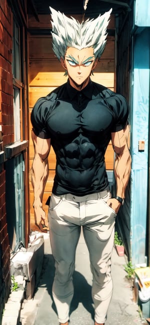garou, ((garou, aqua eyes, huge muscles, short hair, white hair, spiked hair, black shirt, white pants, tight wears, white sandal)), full body, standing up, 


(masterpiece, best quality), Athletically built young man with a penetrating gaze, framing intense, blue eyes, View from the front, dynamic angle, standing, serious, perfect hand with proper finger, BetterHands, Better_Hands