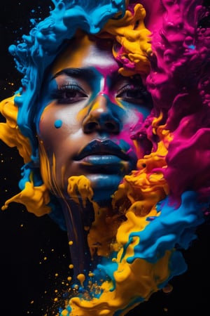 Colorful ink cascaded the canvas, forming human face. photo, studio lighting, sony a7, 35mm, hyperrealistic, big depth of field, concept art, colors, hyperdetailed, hyperrealistic, (big depth of field), (moody lighting), (ambient light), ((cinematic)),perfecteyes,colorfulmix,Leonardo Style