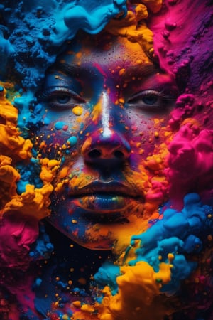 Colorful ink cascaded the canvas, forming human face. photo, studio lighting, sony a7, 35mm, hyperrealistic, big depth of field, concept art, colors, hyperdetailed, hyperrealistic, (big depth of field), (moody lighting), (ambient light), ((cinematic)),perfecteyes,colorfulmix