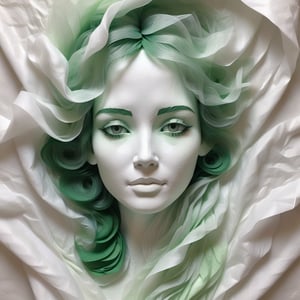 👉💚A detailed image of a beautiful woman made of white tissue paper. The entire body, including the face, eyes, hair, skin, and clothing is intricately made of layers and layers of white tissue paper. The delicate, ethereal texture of the tissue.