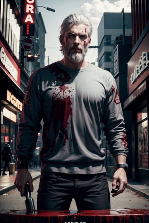 movie poster of menacing man with two meat cleavers covered in blood, standing in the middle of a street, nighttime, zombies, by Cédric Peyravernay, excellent composition, white british man grey hair and beard, digital art, artstation