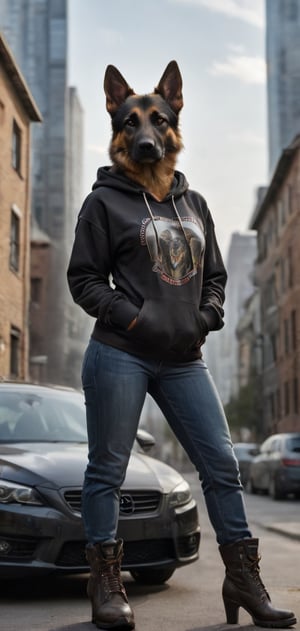Create a female german shepherd women in hoodie leaned on her car. wearing a t-shirt and jeans, smoking, boots, city, outdoors, looking sexy, high detailed, photo r3al,Movie Still,