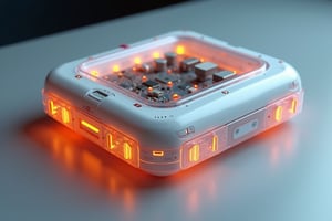 Create a high-quality and crisp detailed image of a mysterious futuristic device. The casing of the device is made from translucent matte white plastic. The electronic components inside the device are faintly visible through the material, but not clearly distinguishable. Dim LED lights are also visible through the casing. The device has orange indicators and buttons made from semi-transparent plastic. The design of the device is in the style of skeuomorphism. The materials and features should be clearly defined to showcase the sophisticated and intricate design of the device.