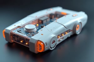 Create a high-quality and crisp detailed image of a mysterious futuristic device. The casing of the device is made from translucent matte white plastic. The electronic components inside the device are faintly visible through the material, but not clearly distinguishable. Dim LED lights are also visible through the casing. The device has orange indicators and buttons made from semi-transparent plastic. The design of the device is in the style of skeuomorphism. The materials and features should be clearly defined to showcase the sophisticated and intricate design of the device.