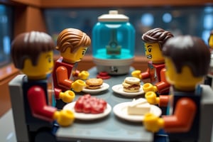 A movie scene from Star Trek, reimagined in the LEGO style. Capture an exceptionally high-quality, detailed photo with outstanding sharpness and depth of field. The image should feature bright, vivid colors to enhance the LEGO aesthetic. The scene is set in the starship's dining area, where characters are engaged in various activities related to dining. Some characters are seated at the table, enjoying a variety of LEGO-style foods, while others are near a futuristic 3D food printer, observing or interacting with it. Additionally, include a character washing dishes at a sink, adding to the dynamic and lively environment of the scene. Ensure that each LEGO figure is expressive and animated, conveying a sense of community and everyday life aboard the starship.