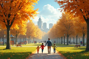 Create a high-quality, crisp, and detailed photorealistic image of a park filled with people walking with their children. The season is autumn, but the weather is sunny and pleasant. Some trees have yellow or orange leaves, while the grass remains green. The park should feature various elements such as benches, pathways, and playgrounds, showcasing a lively and vibrant atmosphere. The image should be suitable for use as a desktop wallpaper. Materials like tree bark, grass, and leaves should be textured and realistic, capturing the essence of a beautiful autumn day.