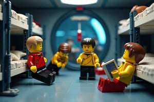 A cinematic scene resembling a frame from a Star Trek movie, but designed entirely in the Lego style. The image should be of extremely high quality, with intricate details and the utmost clarity. Ensure the scene displays a deep depth of field to enhance the three-dimensional aspect. The colors must be vibrant and saturated, capturing the lively essence of the setting. In this scene, the characters are situated in a communal sleeping quarters. The room is equipped with bunk beds. One character is doing push-ups on the floor, showcasing their physical prowess. Another character is lying on a bed, engrossed in reading a book, highlighting their intellectual nature. Meanwhile, another character is peacefully asleep, indicating tranquility. At the same time, two characters are engaged in a playful pillow fight, adding a sense of fun and spontaneity to the atmosphere.