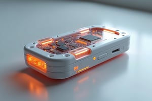 Create a high-quality and crisp detailed image of a mysterious futuristic device. The casing of the device is made from translucent matte white plastic. The electronic components inside the device are faintly visible through the material, but not clearly distinguishable. Dim LED lights are also visible through the casing. The device has orange indicators and buttons made from semi-transparent plastic. The design of the device is in the style of skeuomorphism. The materials and features should be clearly defined to showcase the sophisticated and intricate design of the device.