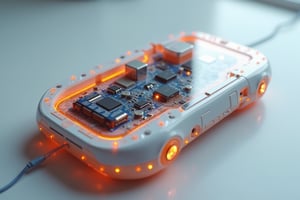 Create a high-quality and crisp detailed image of a mysterious futuristic device. The casing of the device is made from translucent matte white plastic. The electronic components inside the device are faintly visible through the material, but not clearly distinguishable. Dim LED lights are also visible through the casing. The device has orange indicators and buttons made from semi-transparent plastic. The design of the device is in the style of skeuomorphism. The materials and features should be clearly defined to showcase the sophisticated and intricate design of the device.