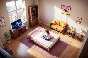 Concept of 3d game life simulation with top down view. Apartments interior. Girl character. Super quality, gforce graphic card, ambient occlusion, raytracing, ultra HD,Playstation 1 Graphics