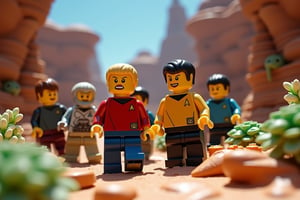 A highly detailed, high-resolution image capturing a scene from a Star Trek movie, reimagined in a Lego style. The photograph should possess exceptional clarity with an impressive depth of field to emphasize the intricate details of the Lego characters and environment. The colors should be vivid and vibrant, creating a visually striking composition. In the scene, the iconic Star Trek characters are depicted on a futuristic alien planet, immersed in the midst of executing a critical mission. The landscape of the planet is filled with imaginative and advanced features, showcasing alien flora, unusual geological formations, and futuristic technology. The Lego characters should be dressed in recognizable Starfleet uniforms, complete with their distinct rank insignias, engaging in activities that reflect their roles on the mission. The scene should convey a sense of adventure and exploration, capturing the essence of the Star Trek universe while utilizing the playful and creative aspects of Lego construction.