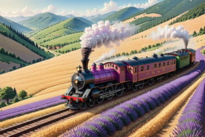 The train travels through hills and lavender fields, wheat fields, forests. rich colors, masterful work, breathtaking, professional illustration, detailed picture, clear details, elaborate composition.,bangerooo