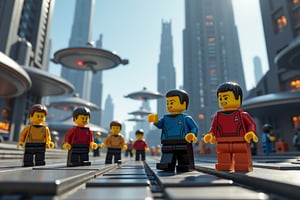 Create a highly detailed and photorealistic image inspired by a scene from the Star Trek movies, but rendered in a LEGO style. The image should be of exceptional quality, with ultra-high clarity and depth of field that adds to the immersive experience. The colors should be bright and vibrant, enhancing the futuristic aesthetic. In the scene, the characters are on a mission on a futuristic planet, showcasing an advanced urban infrastructure. This planet features sleek, futuristic buildings that tower above, complete with flying vehicles zipping across the skyline and various types of robots populating the environment. The scene should capture the bustling energy and advanced technology of this alien world, while maintaining the distinct charm and imagination of LEGO design.