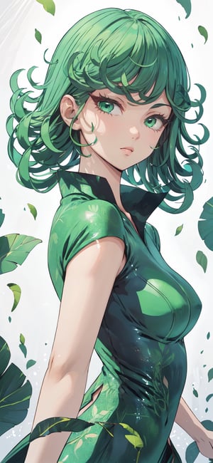 Tatsumaki , white background, perfect, hand, fingers, 1 sexy and hot woman,ideal woman, Tatsumaki, High detailed, Detailed face , Green clothes, Green eyes, Green hairs