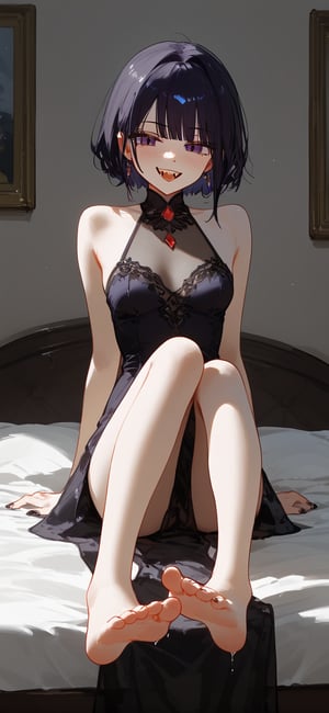 masterpiece, best quality, solo, 1 midget female, lewd dress, sitting on bed, feet focus, room background, sharp chin, slim, high Details