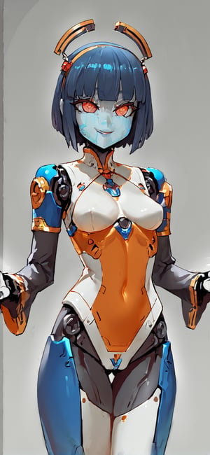 high contrast, robot girl, simple background, Solo, sexy and hot, asanagi, (masterpiece, best quality), framing intense, View from the front, dynamic angle, standing, smile face, random hand position:1.4, perfect hands and fingers, High detailed , Detailed face, Expressiveh, concept art,Bartolomeobari