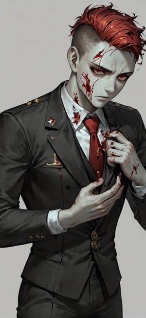 Handsome male, 1boy, Solo, (Male zombie), blood-red eyes, lightening, black suit, ultra detailed suit


, random hand position:1.4 , simple background, bright  background, perfect hands and fingers, High detailed , Detailed face, Expressiveh, concept art, art, ,Undercut hairstyle