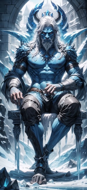 score_9, score_8_up, score_7_up, score_6_up, Solo, An orc king is sitting on an ice throne, a male orc, ice orc, massive beard, blue eyes, bright blue skin with white deatailed veins and tattoos on it, white and blue multicolored hair color, Multicolored hair with shades of white and blue. aggresive creature, casttle background,  High detailed, (masterpiece, best quality), framing intense, perfect hand with proper fingers, BetterHands, Better_Hands, DonMGl4c14l, fantasy00d