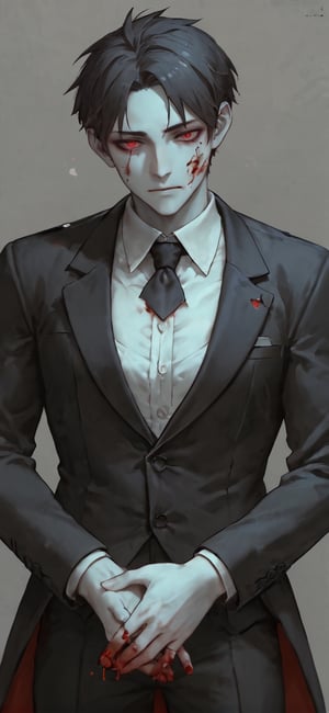 Handsome male, 1boy, Solo, (Male zombie), blood-red eyes, formal black suit, ultra lighting detailed suit


, random hand position:1.4 , simple background, bright  background, perfect hands and fingers, High detailed , Detailed face, Expressiveh, concept art, men,Bartolomeobari