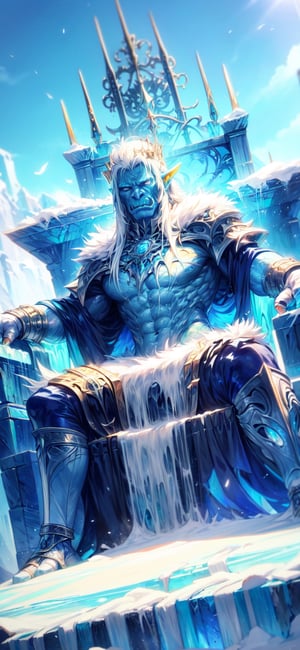 Intense close-up shot of a majestic ice orc king sitting regally on a throne, surrounded by the grandeur of a medieval castle. The camera frames the orc's aggressive features: piercing blue eyes, white beard, and bright blue skin with intricate veins and tattoos. Multicolored hair, a mesmerizing blend of white and blue hues, cascades down their back like a river of ice. The orc's hands, adorned with Proper Fingers, grasp the throne's armrests as they survey their kingdom with an air of dominance. DonMGl4c14l,Fantasy