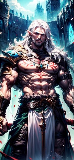 sfw, Solo, a young male barbarian, handsome, muscular, white beard, dark skin, white tattoo, white hair, dar skin, adventurer clothes, High detailed, (masterpiece, best quality), framing intense, perfect hand with proper fingers, BetterHands, Better_Hands, Fantasy
