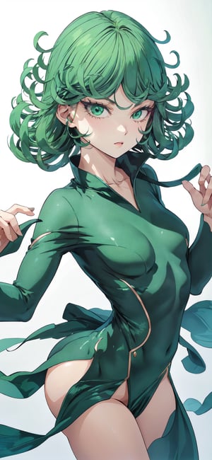 Tatsumaki , white background, perfect, hand, fingers, 1 sexy and hot woman,ideal woman, Tatsumaki, High detailed, Detailed face , Green clothes, Green eyes, Green hairs
