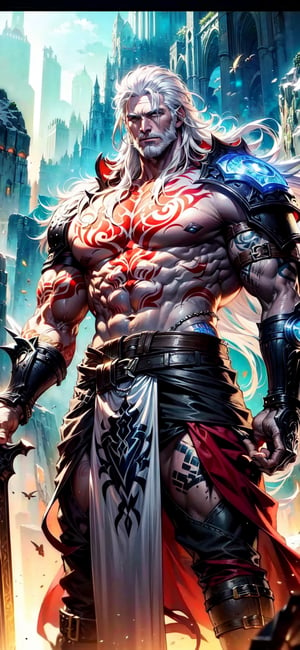 sfw, Solo, a young male barbarian, handsome, muscular, white beard, dark skin, white tattoo, white hair, dar skin, adventurer clothes, High detailed, (masterpiece, best quality), framing intense, perfect hand with proper fingers, BetterHands, Better_Hands, Fantasy
