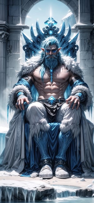 score_9, score_8_up, score_7_up, score_6_up, Solo, An orc king is sitting on an ice throne, a male orc, ice orc, massive beard, blue eyes, white skin with blue deatailed veins and tattoos on it, white and blue multicolored hair color, Multicolored hair with shades of white and blue. aggresive creature, casttle background,  High detailed, (masterpiece, best quality), framing intense, perfect hand with proper fingers, BetterHands, Better_Hands ,Architectural100,DonMGl4c14l