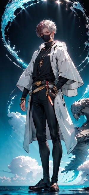 (plain eastern style porcelain half mask, masterpiece, best quality, highres:1.3)anime of a full body young male wizard wearing a parka with pale skin, and burgundy hair. silver eyes, golden gloves, shoulder bandolier, sword sheath at the waist((ocean maelstrom background))