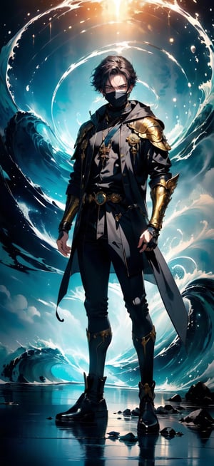 (plain eastern style porcelain half mask, masterpiece, best quality, highres:1.3)anime of a full body young male wizard wearing a parka with pale skin, and burgundy hair. silver eyes, golden gloves, shoulder bandolier, sword sheath at the waist((ocean maelstrom background))